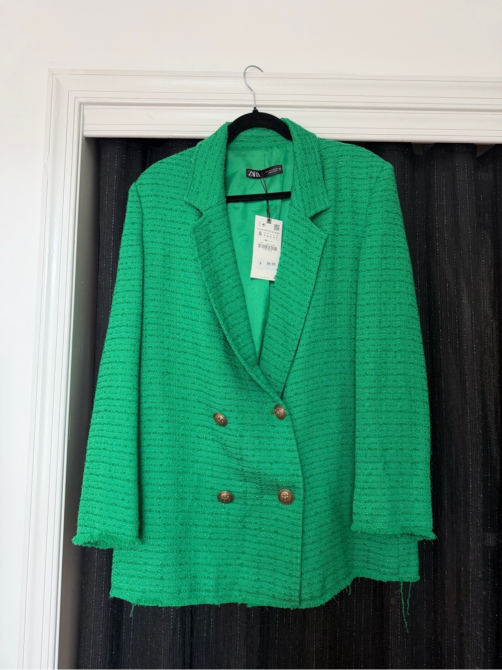 Zara Emerald Green Double-Breasted Bouclé Blazer